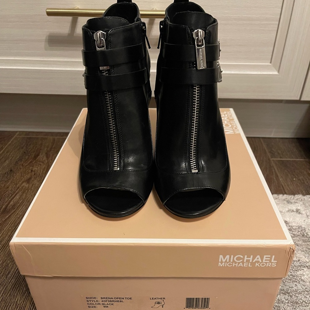 Michael Kors Black Leather Open-Toe Zip Ankle Booties
